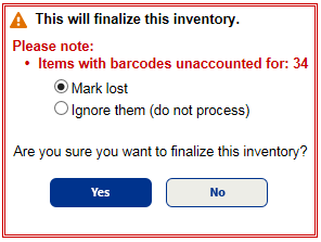 Confirmation message to finalize an inventory.